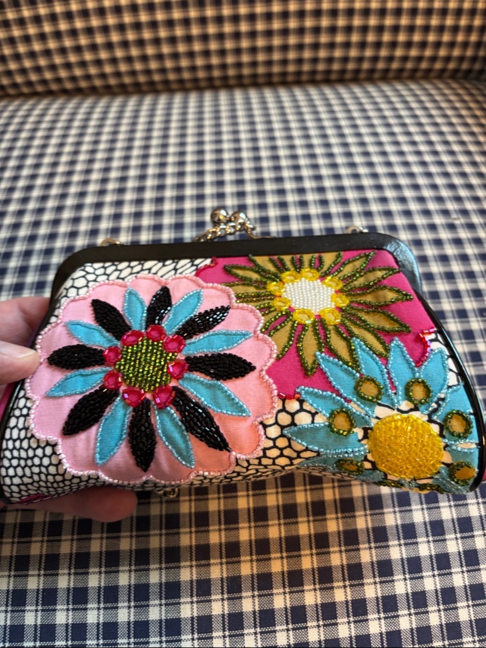 Isabella Fiore Pink Floral Embroidered and bedazzled Clutch with silver Chain - Picture 3 of 13